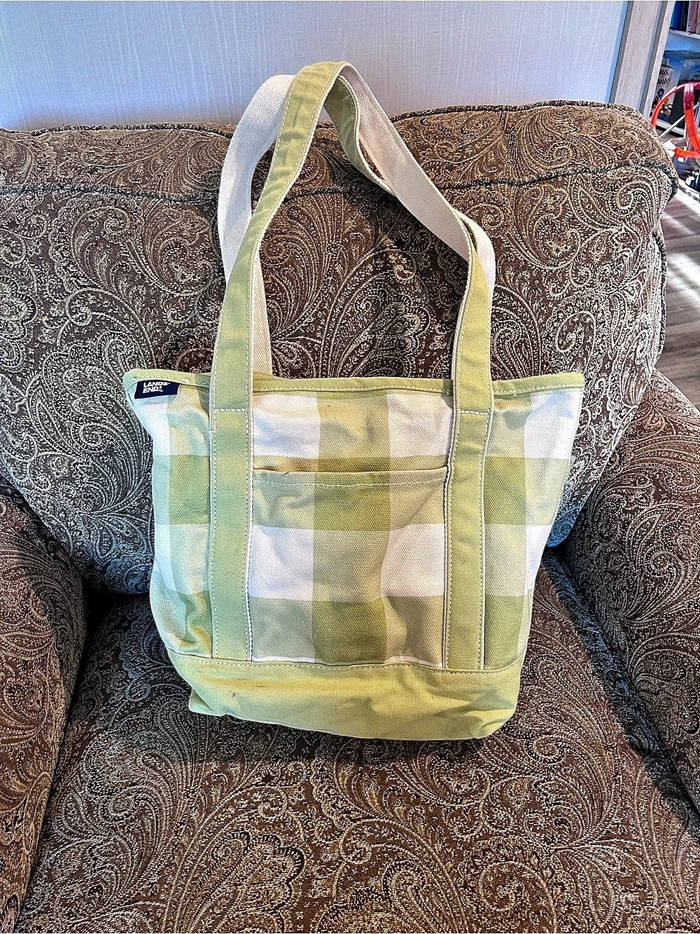Lands' End Gingham Canvas Pocket Tote Bag Green & White